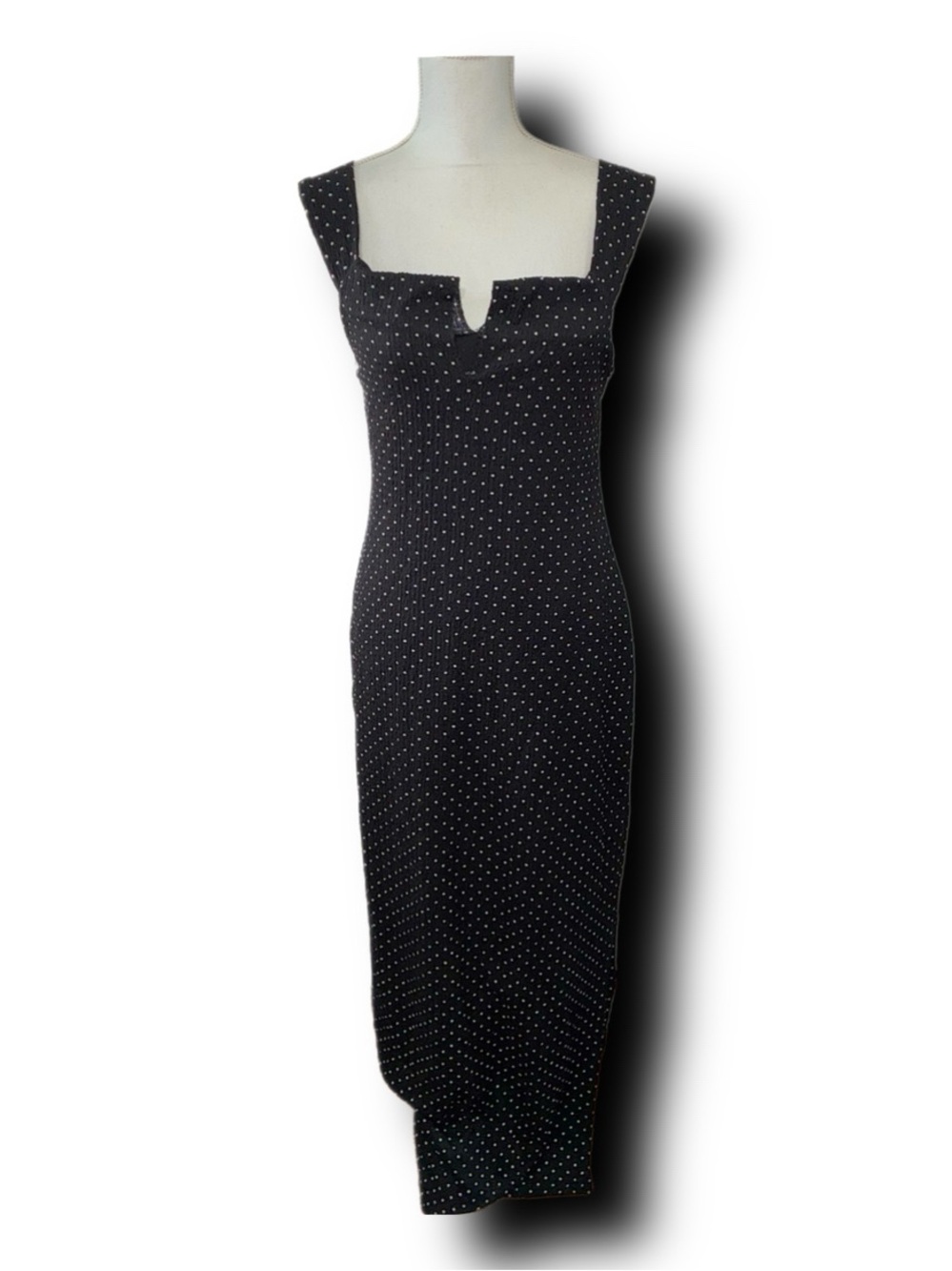 Anthropologie x See You Monday Black Polka Dot Midi Dress w Notched V-Neckline